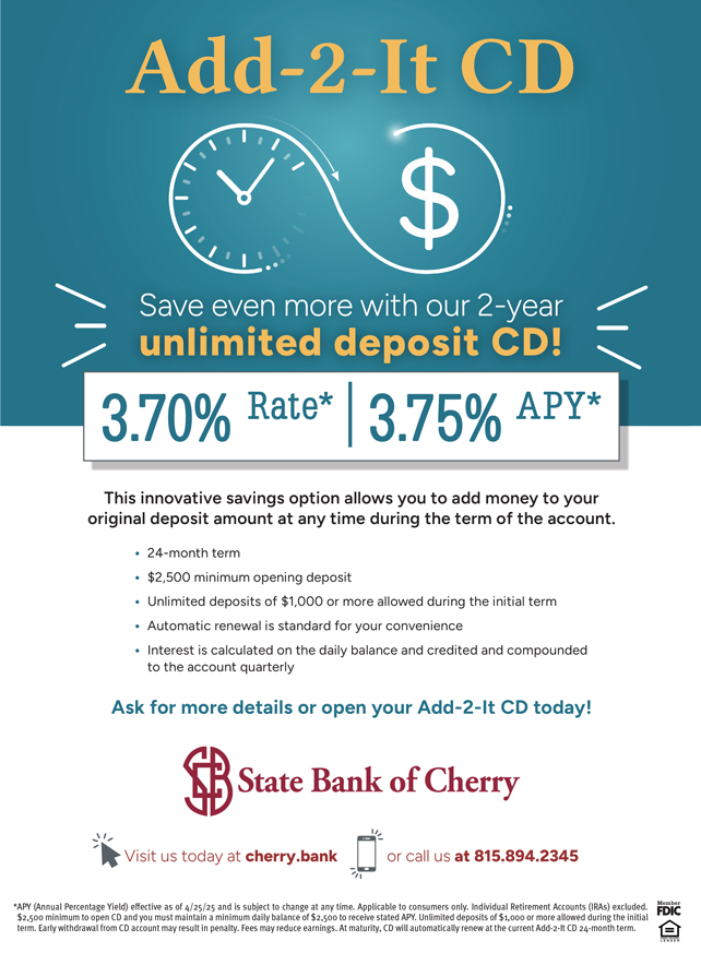 Add-2-It CD. Save even more with our 2-year unlimited deposit CD! 3.70% Rate, 3.75% APY.